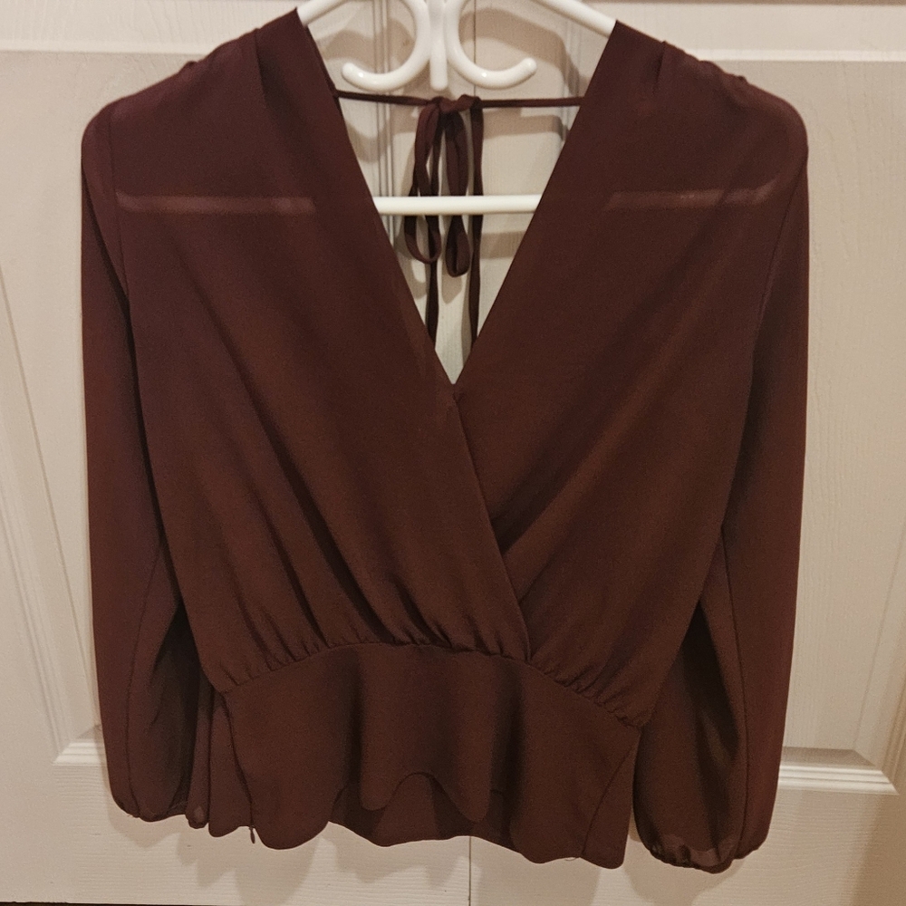 Naked Zebra Faux Wrap Blouse, Burgandy